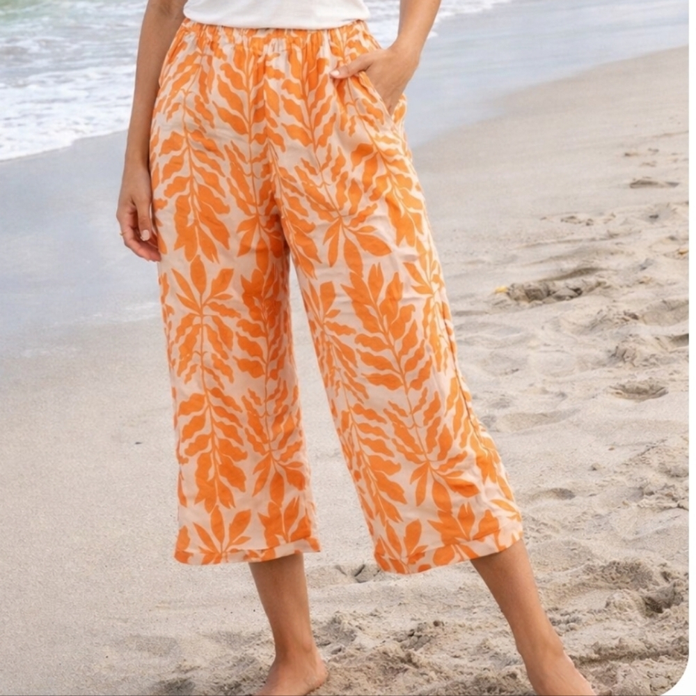 Rachel Zoe Linen Cropped Pants XL Coral Peach Resort Beach Coastal Wide Leg